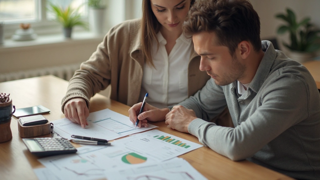 Супруги планируют совместный бюджет за столом с документами и калькулятором