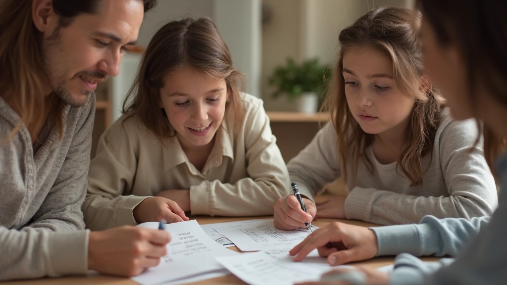Семья обсуждает финансовые цели и сбережения за круглым столом дома