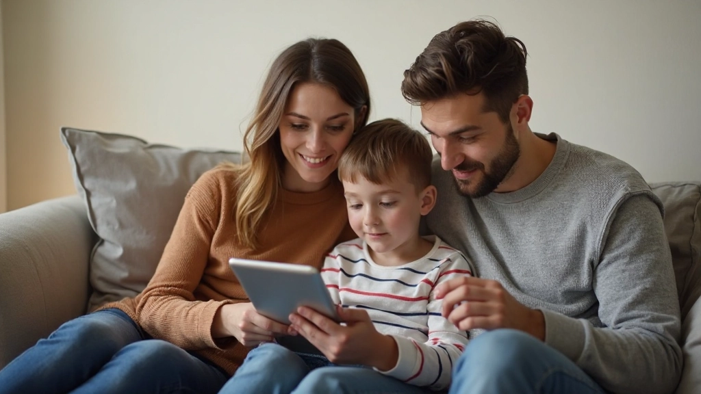 Семья обсуждает финансовый план с планшетом и документами в домашней обстановке