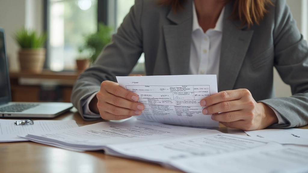 Квитанции и счета, организованно разложенные на столе с папкой для документов