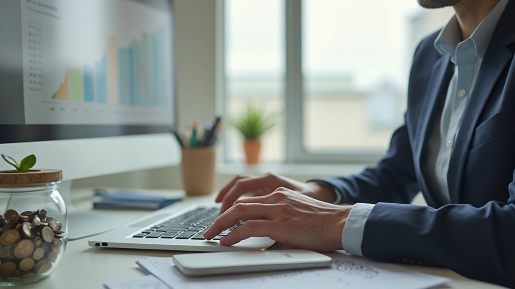 Копилка с монетами и растущий график доходов на экране компьютера