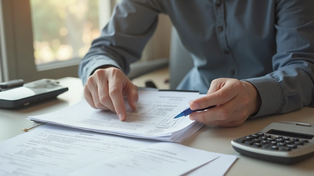 Рабочее место с квитанциями за коммунальные услуги и калькулятором