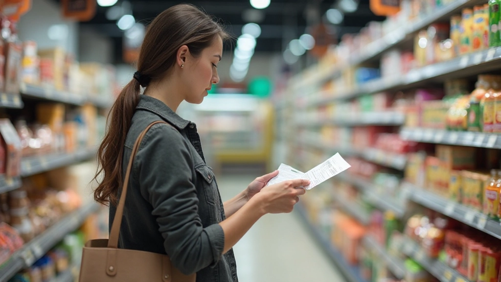 Покупатель проверяет ценники в супермаркете и сравнивает товары