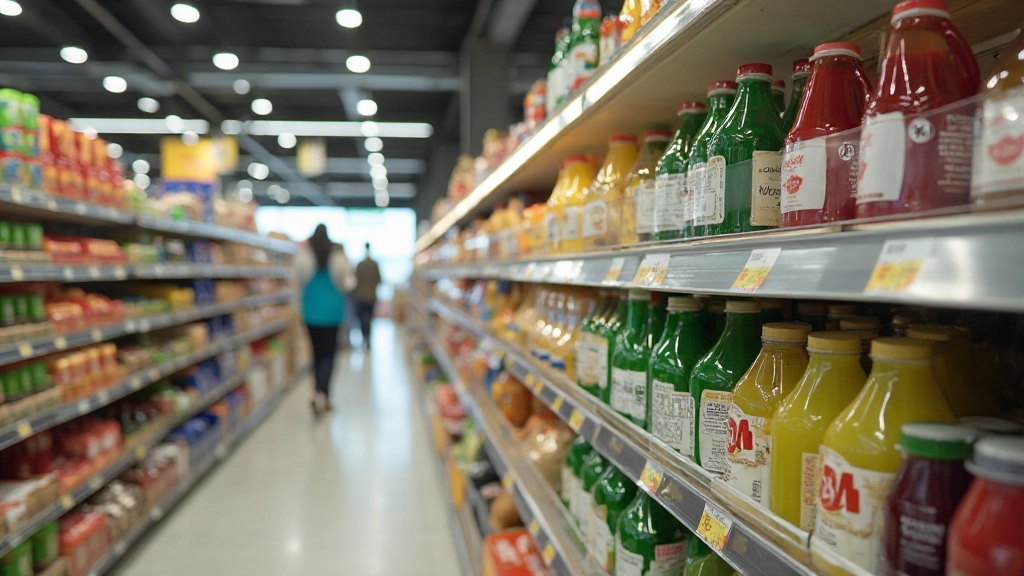 Крупный план различных продуктов с ценовыми этикетками в супермаркете