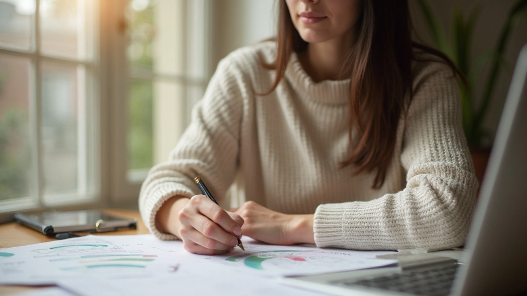 Молодая женщина, планирующая свой бюджет за столом с документами и ноутбуком